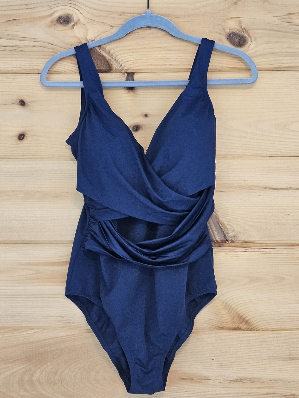 Lands’ End Slender Suit One Piece Swimsuit Womens 12 Blue Ruched Tummy Control
